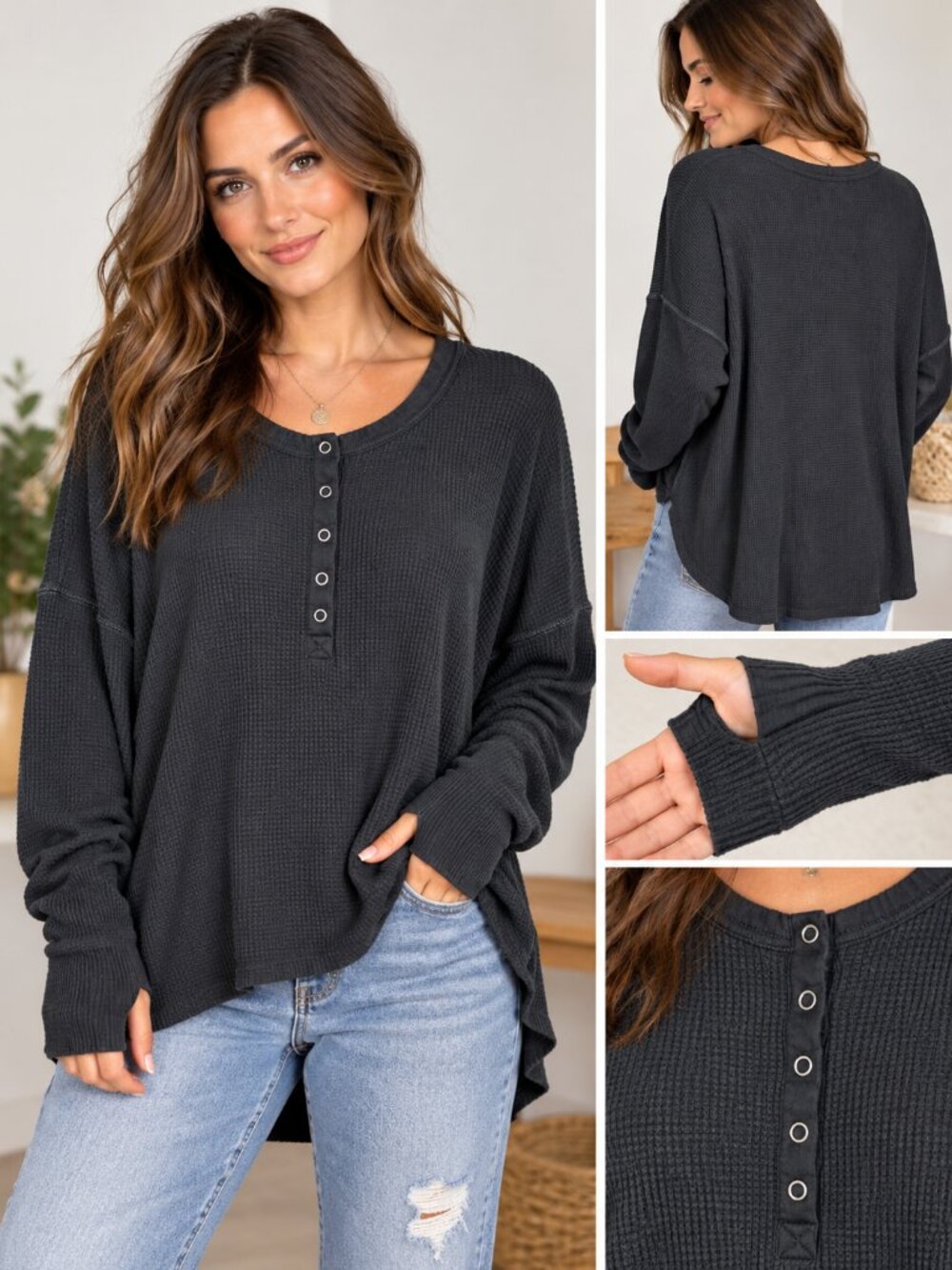 Offline by Aerie XL Waffle Knit Henley Grunge Boho Streetwear Thumb Hole